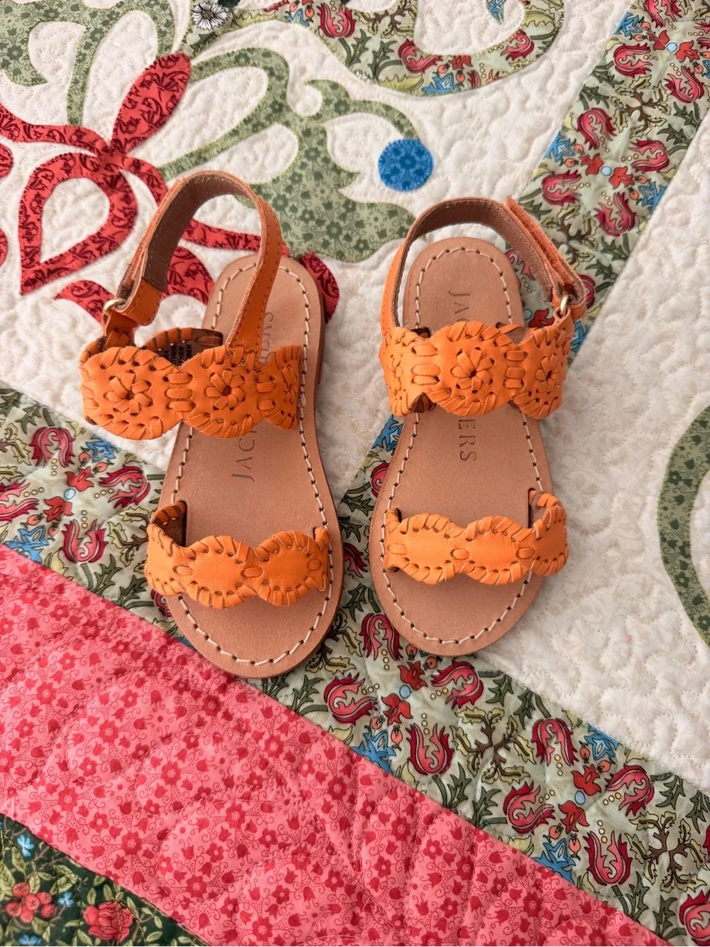 Jack Rogers Girls' Orange Woven Floral Leather Sandals